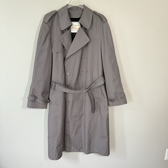 Vintage London Fog Trench Coat 40R Gray Belted Full Length Men’s Fur Lined - Picture 1 of 6